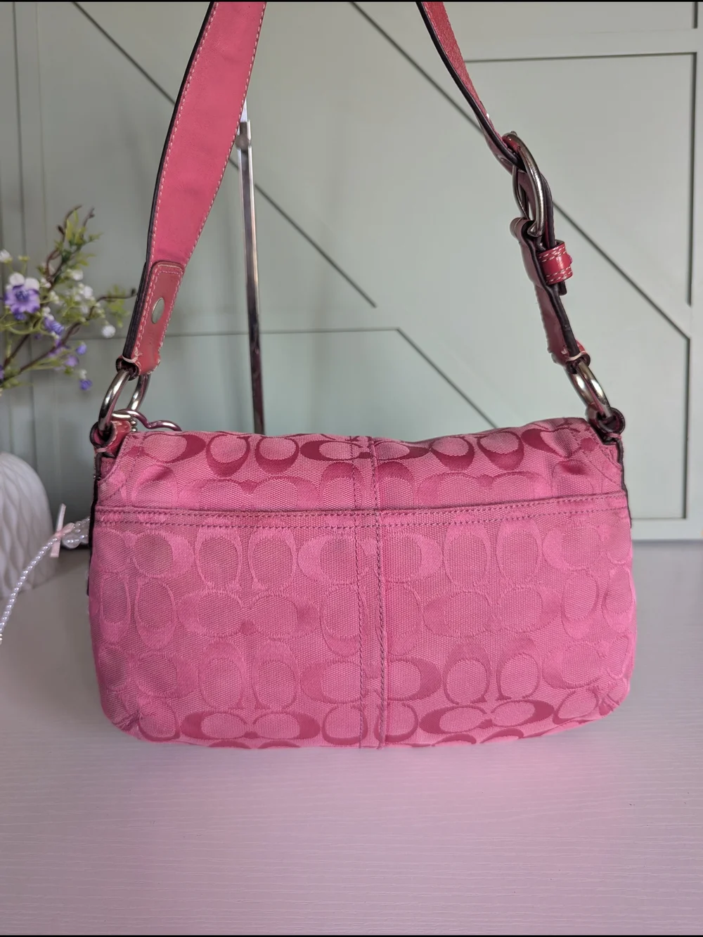 Coach Pink Signature Shoulder Bag with Buckle and Charm